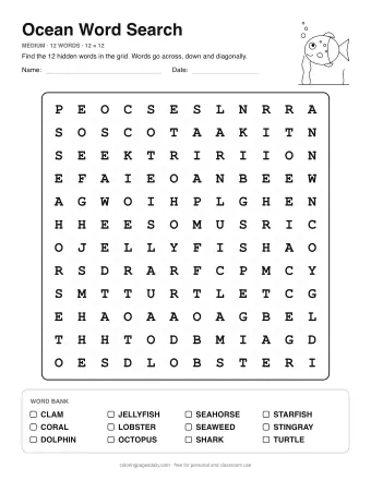 Ocean Word Search, medium level: letter grid with the word list below