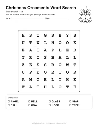 Christmas Ornaments Word Search, easy level: letter grid with the word list below