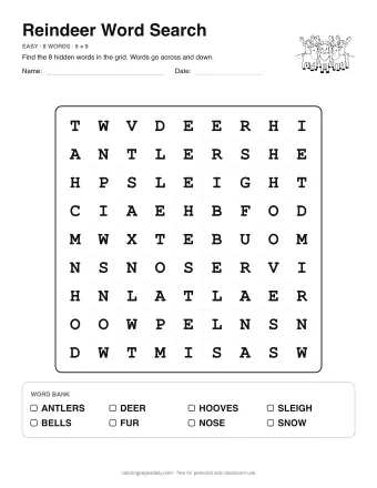 Reindeer Word Search, easy level: letter grid with the word list below