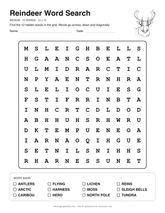 Reindeer Word Search, medium level: letter grid with the word list below