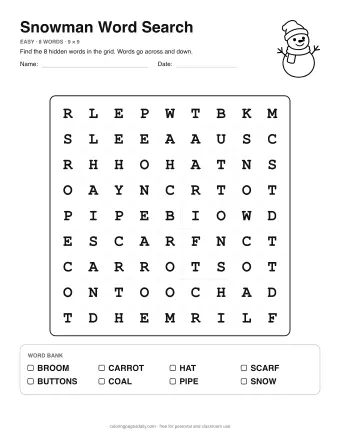 Snowman Word Search, easy level: letter grid with the word list below