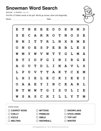 Snowman Word Search, medium level: letter grid with the word list below