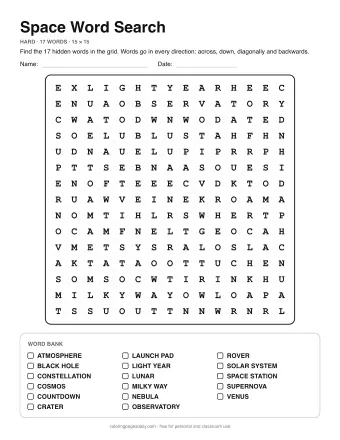 Space Wordsearch, hard level: letter grid with the word list below