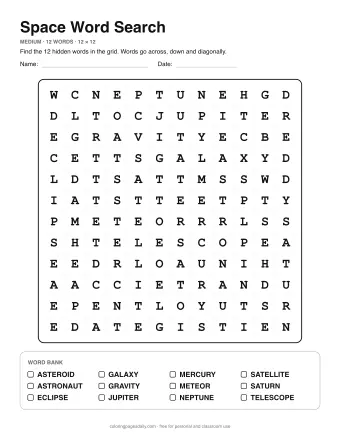 Space Wordsearch, medium level: letter grid with the word list below