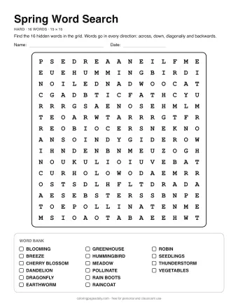 Spring Wordsearch, hard level: letter grid with the word list below