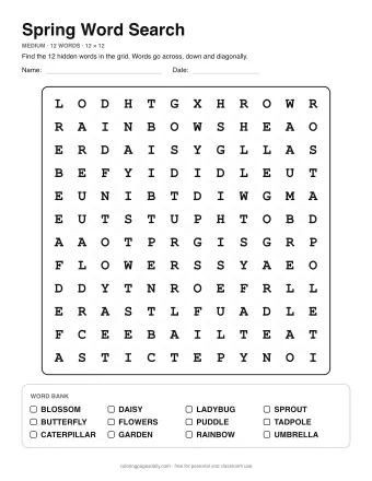 Spring Word Search, medium level: letter grid with the word list below