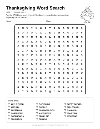 Thanksgiving Word Search, hard level: letter grid with the word list below