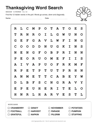 Thanksgiving Word Search, medium level: letter grid with the word list below