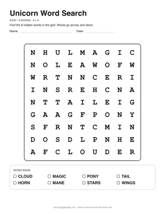 Unicorn Word Search, easy level: letter grid with the word list below