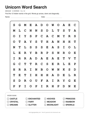 Unicorn Word Search, medium level: letter grid with the word list below