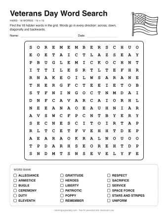 Veterans Day Word Search, hard level: letter grid with the word list below