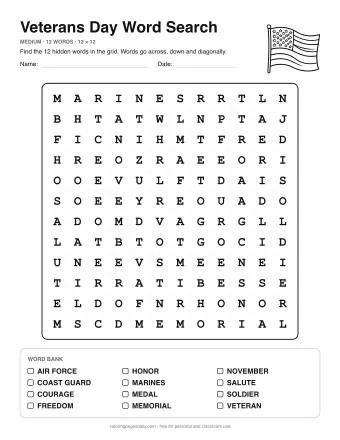 Veterans Day Word Search, medium level: letter grid with the word list below