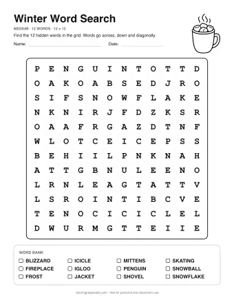 Winter Wordsearch, medium level: letter grid with the word list below