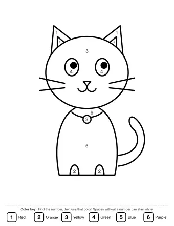 Line drawing of a cute sitting cat with big eyes, long whiskers, a collar with a bell and a curly tail