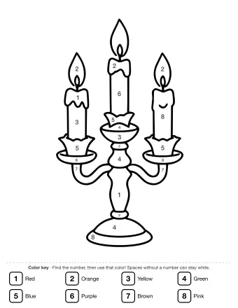 Black-and-white line drawing of an ornate candelabra holding three lit candles, with holly leaves and berries decorating the center arm.