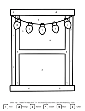 Black-and-white outline of a rectangular window frame with a string of five round Christmas lights hanging across the top pane, ready to color.