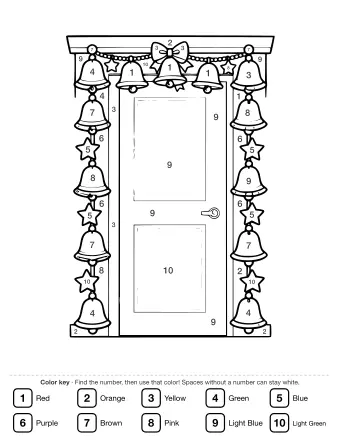 Black and white line drawing of a door frame decorated with a long garland of hanging bells and stars, topped with a large bow.