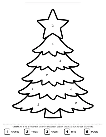 Black-and-white line drawing of a five-pointed star sitting on top of a layered Christmas tree with a small trunk at the bottom.