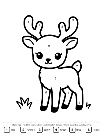 Black and white line drawing of a cute fawn with large eyes and small antlers, standing on four legs in a meadow with small tufts of grass on the ground.