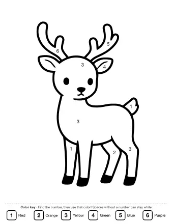 A simple black-and-white line drawing of a standing deer with large branching antlers, big ears, and a small tail, facing forward.