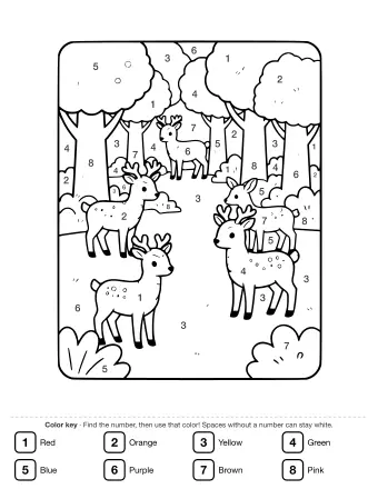 Black-and-white line drawing of five deer with antlers and white spots standing among tall trees and rounded bushes in a forest scene.