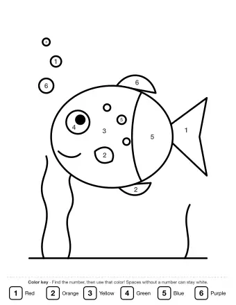Line drawing of a smiling round fish with spots, fins and a big tail, swimming past seaweed with bubbles rising