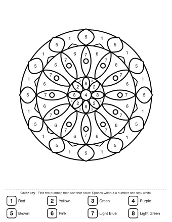 Circular flower mandala with an eight-petal center, twelve long petals with dots, and two rings of rounded outer petals