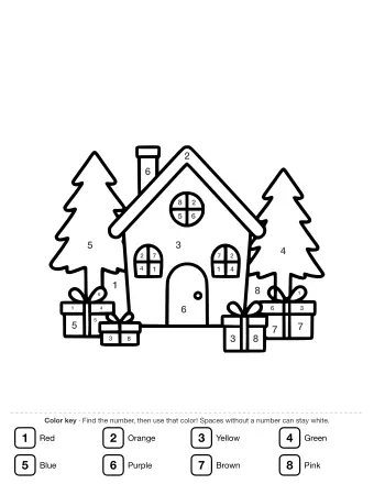 Black and white line drawing of a house with a round window, two pine trees, and several wrapped gift boxes on the ground.