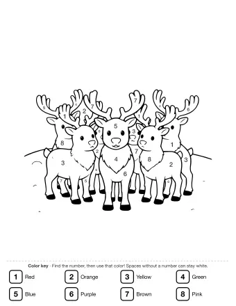 Black-and-white line drawing of a group of reindeer standing together on a snowy ground with large antlers and dark hooves.