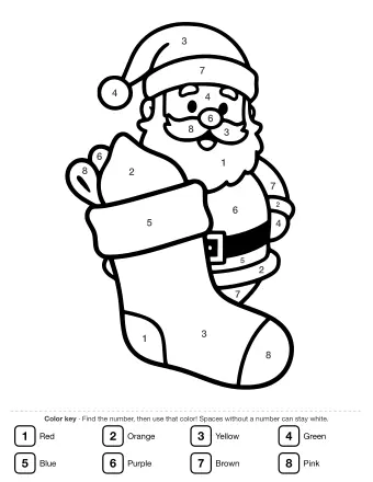 Black-and-white line drawing of a large Christmas stocking with a cuff and buckle, with Santa Claus in the background reaching into it to place a small gift.
