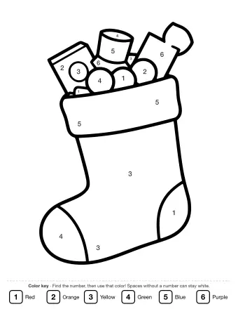 Black and white line drawing of a large Christmas stocking overflowing with a toy car, a small cup, a block, a ball, and a star-shaped toy.