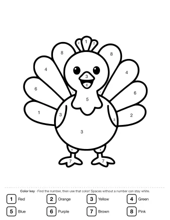 A smiling cartoon turkey with a round body, a fan of tail feathers, and two webbed feet, shown in a simple black-and-white line drawing.