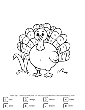 Black-and-white line drawing of a plump turkey with a fanned tail and two corn stalks on the left, standing on a small patch of grass.
