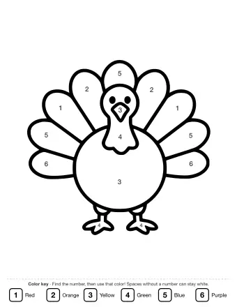 A simple black-and-white line drawing of a turkey with a large round body, a fan of tail feathers, two small feet, and a beak, ready to be colored.
