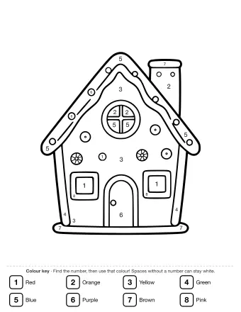 Line drawing of a gingerbread house with a peaked roof, a round window, two square windows, an arched door, and candy decorations including round candies and snowflake shapes.