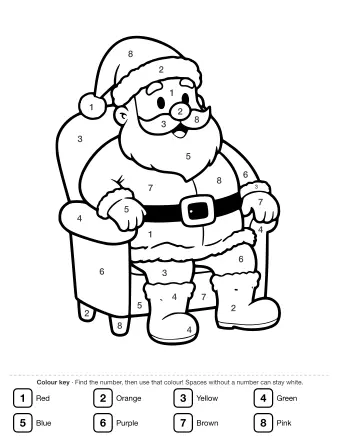 Black-and-white line drawing of Santa Claus sitting in a wooden chair, holding a sack of toys, with a large sack of gifts beside him.