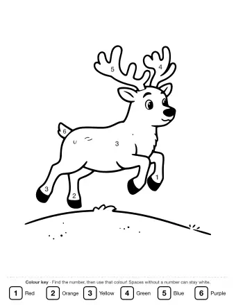Black-and-white line drawing of a reindeer leaping over a small hill, with large branching antlers, a dark nose, and a short tail.