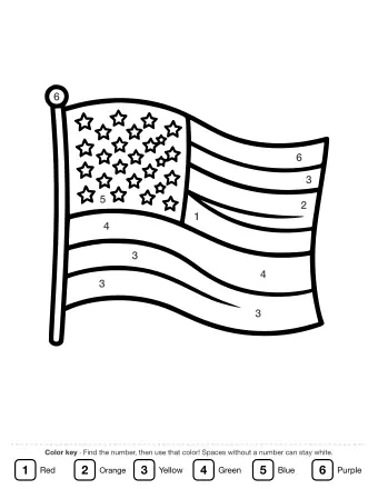 Black and white line drawing of a waving American flag with a circle of stars in the upper left corner and wavy stripes, mounted on a flagpole.