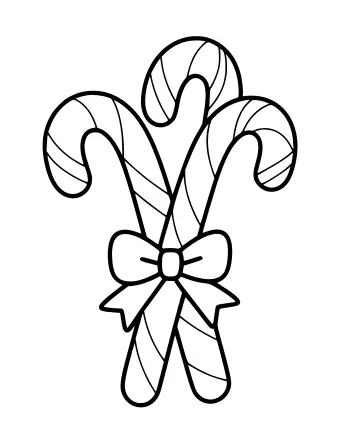 Black-and-white line drawing of three candy canes tied together with a bow and ribbon, showing the classic curved tops and striped bodies.
