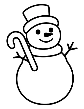 Line drawing of a smiling snowman wearing a top hat and holding a large candy cane in one arm.