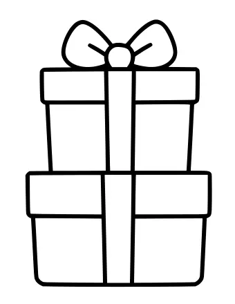 A simple black-and-white line drawing of two wrapped Christmas presents stacked one on top of the other, each tied with a ribbon and a large bow on top.