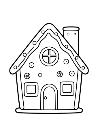 Line drawing of a gingerbread house with a peaked roof, a round window, two square windows, an arched door, and candy decorations including round candies and snowflake shapes.
