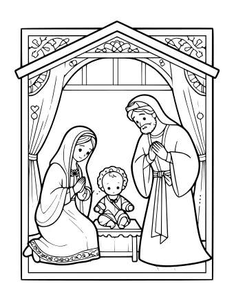 Line drawing of a traditional nativity scene showing Mary kneeling in prayer, baby Jesus sitting in a manger, and Joseph standing with hands clasped, framed by an ornate archway.