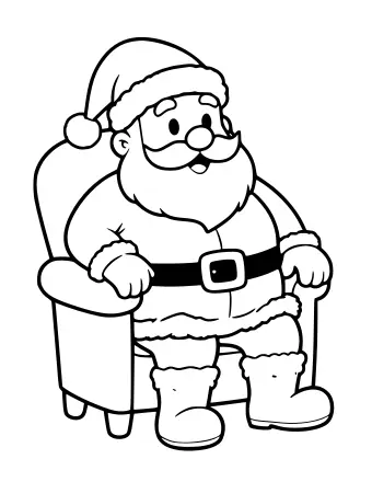 Black-and-white line drawing of Santa Claus sitting in a wooden chair, holding a sack of toys, with a large sack of gifts beside him.