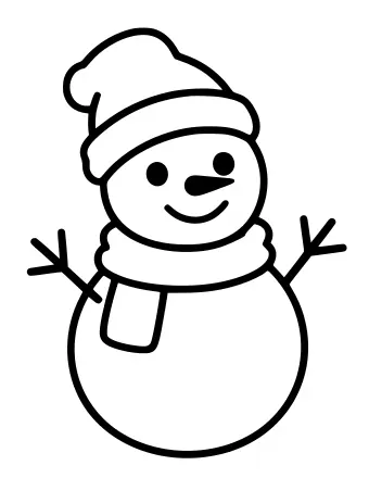 Black and white line drawing of a two-section snowman wearing a Santa-style hat and a scarf, with stick arms and a smiling face.