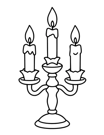 Black-and-white line drawing of an ornate candelabra holding three lit candles, with holly leaves and berries decorating the center arm.