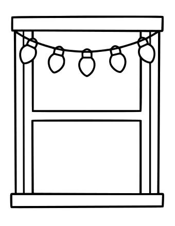 Black-and-white outline of a rectangular window frame with a string of five round Christmas lights hanging across the top pane, ready to color.