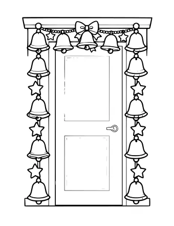 Black and white line drawing of a door frame decorated with a long garland of hanging bells and stars, topped with a large bow.