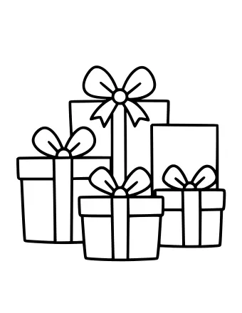 Black-and-white line drawing of three wrapped gift boxes of different sizes, each topped with a large decorative bow, arranged in a cluster.