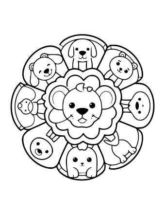 Schwarzes und weißes Ausmalbild eines runden Mandala-Musters, in dessen Zentrum ein Löwenkopf sitzt und umgeben von Hund, Katze, Elefant, Frosch, Schnecke, Schnecke, Eule und weiteren Tierköpfen.